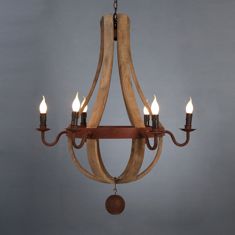 Solid Wood Traditional Style Chandelier Rust Candlestick Lamp Holder Vintage Lighting Pendant with Decorated Iron Pendant Ball