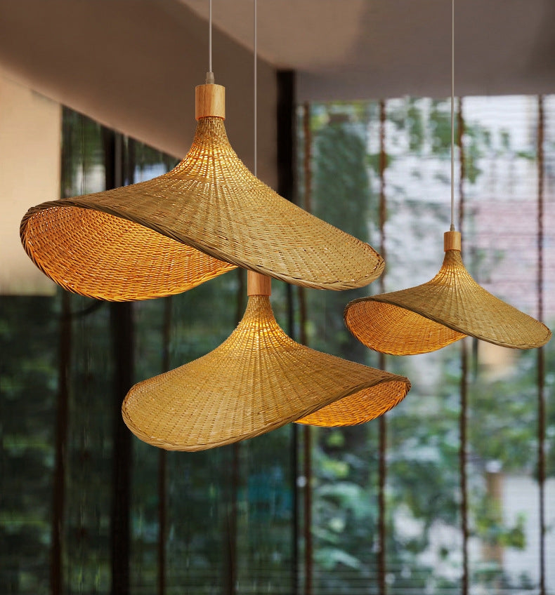 Asia Style Pendant Ceiling Light Beige Hat Hanging Pendant Light with Bamboo Shade