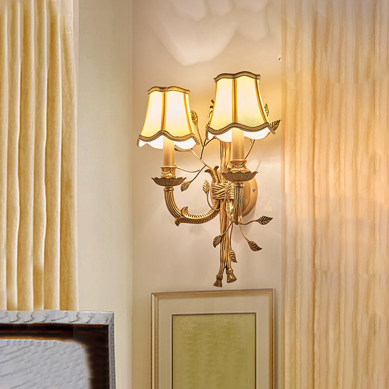 2 Lights Empire Shade Wall Sconce Vintage Brass Fabric Wall Mounted Lighting with Curved Metal Arm