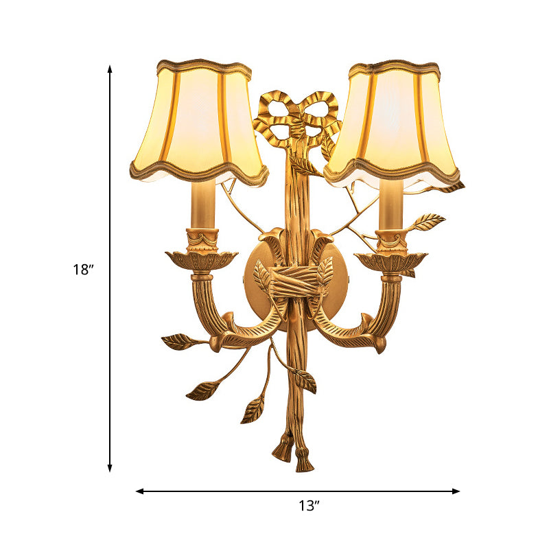 2 Lights Empire Shade Wall Sconce Vintage Brass Fabric Wall Mounted Lighting with Curved Metal Arm