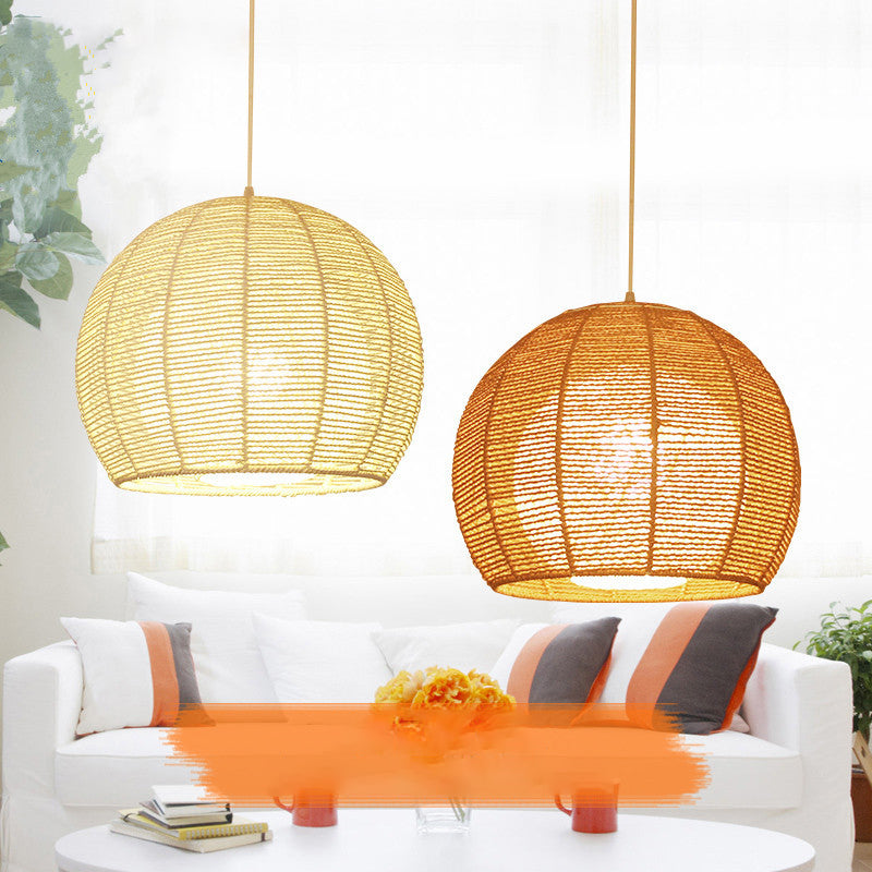 Asian Style Hand-weaving Lighting Fixture Double Rattan Shade Simplicity Globe Hanging Light for Bedroom Balcony