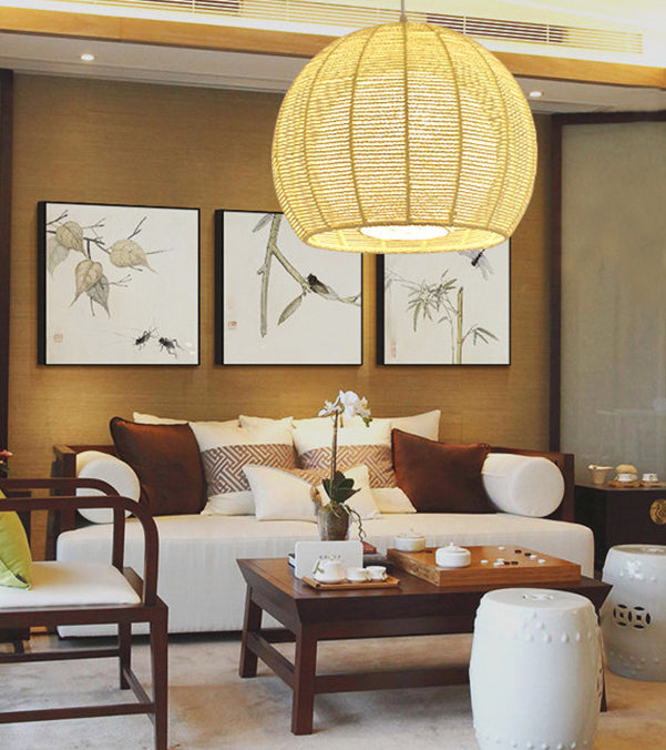 Asian Style Hand-weaving Lighting Fixture Double Rattan Shade Simplicity Globe Hanging Light for Bedroom Balcony