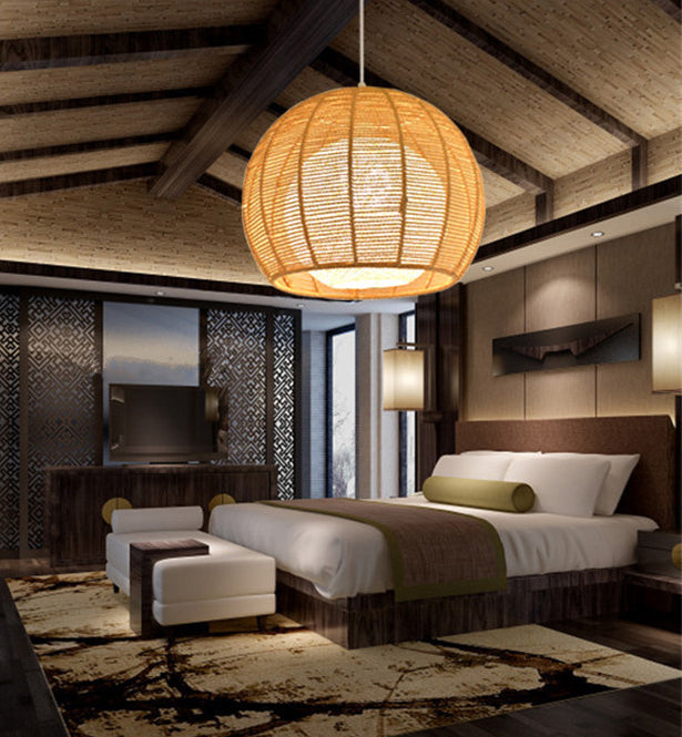 Asian Style Hand-weaving Lighting Fixture Double Rattan Shade Simplicity Globe Hanging Light for Bedroom Balcony