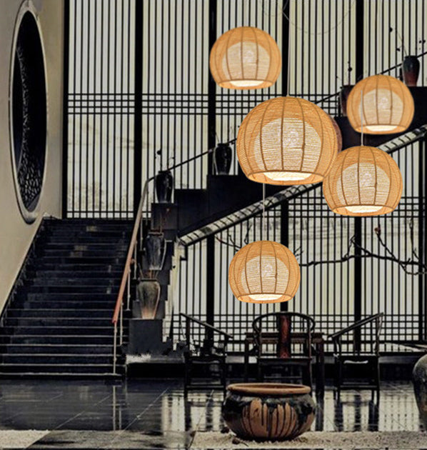 Asian Style Hand-weaving Lighting Fixture Double Rattan Shade Simplicity Globe Hanging Light for Bedroom Balcony