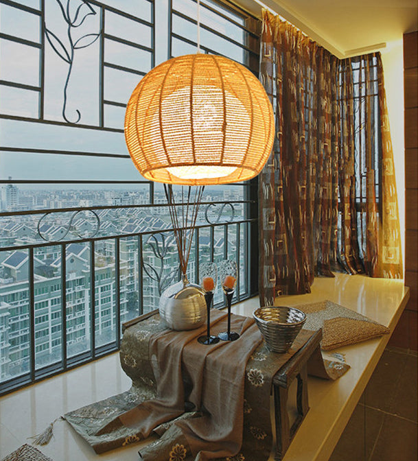 Asian Style Hand-weaving Lighting Fixture Double Rattan Shade Simplicity Globe Hanging Light for Bedroom Balcony