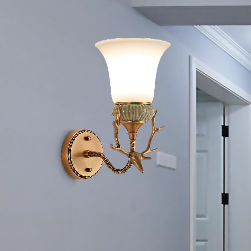 1 Light Wall Mount Lighting Retro Bell Opal Glass Brass Sconce Lamp Fixture with Antlers Curved Arm