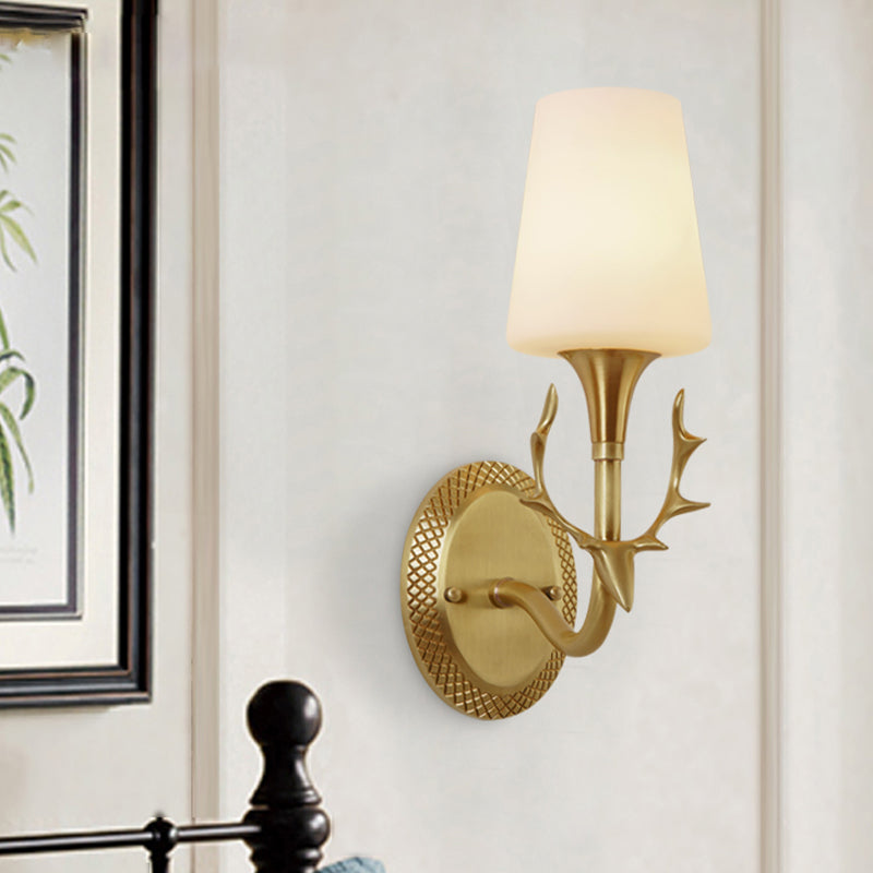 Scrolled Arm Milk Glass Sconce Lighting Rustic 1/2 Light Bedroom Wall Mounted Light Fixture in Brass