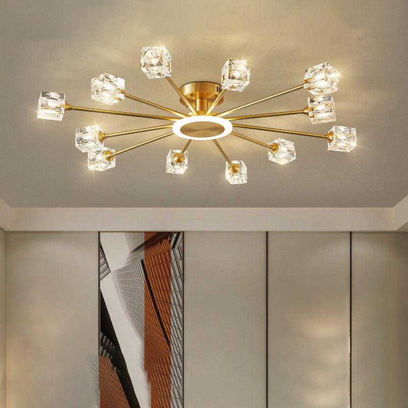 Square Crystal Shade Semi Flush Mount in Modern Luxury Style Sputnik Metal Ceiling Light for Living Room