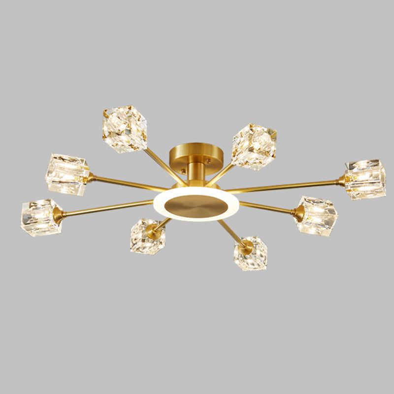 Square Crystal Shade Semi Flush Mount in Modern Luxury Style Sputnik Metal Ceiling Light for Living Room