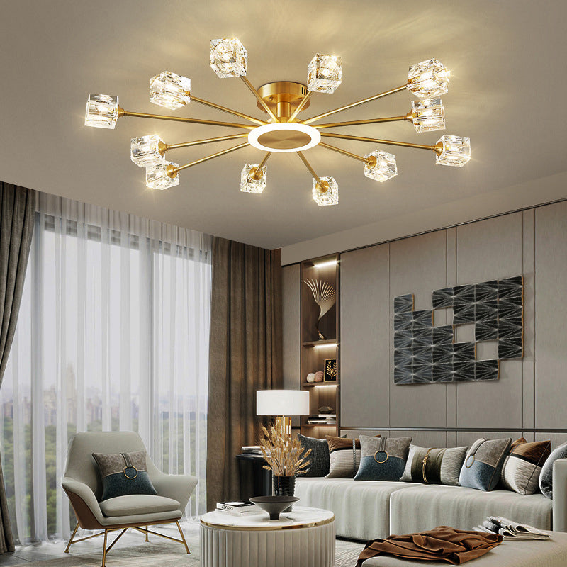 Square Crystal Shade Semi Flush Mount in Modern Luxury Style Sputnik Metal Ceiling Light for Living Room