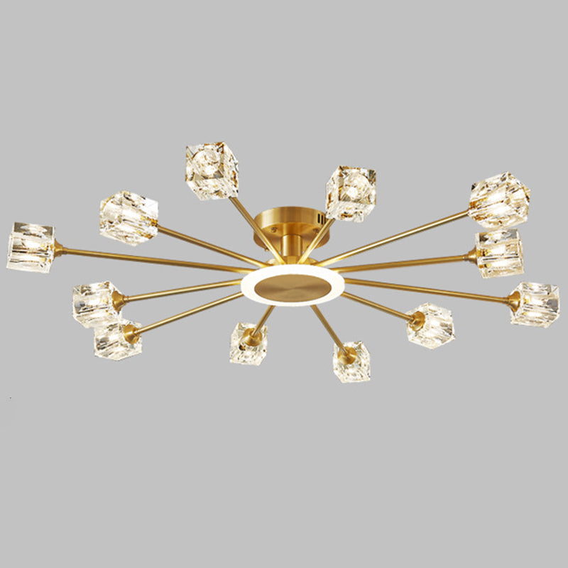 Square Crystal Shade Semi Flush Mount in Modern Luxury Style Sputnik Metal Ceiling Light for Living Room