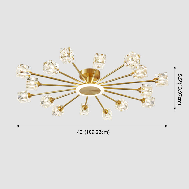Square Crystal Shade Semi Flush Mount in Modern Luxury Style Sputnik Metal Ceiling Light for Living Room