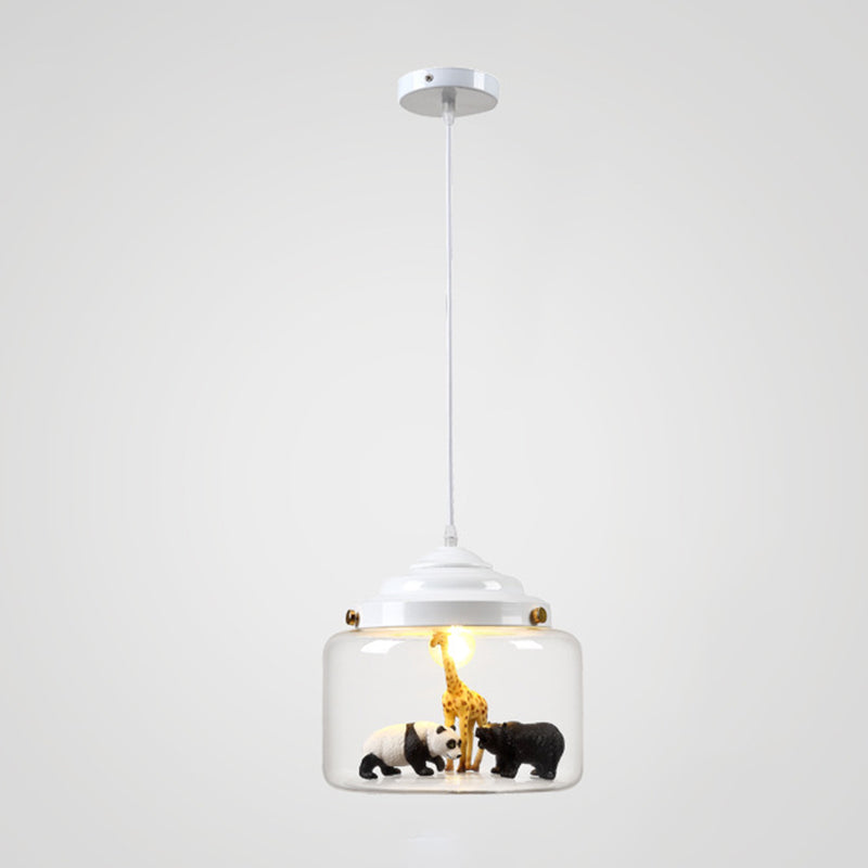 Suspension en verre transparent cylindrique en verre transparent des animaux de dessin animé moderne lampe pour la chambre à coucher pour les enfants (les animaux sont expédiés au hasard)