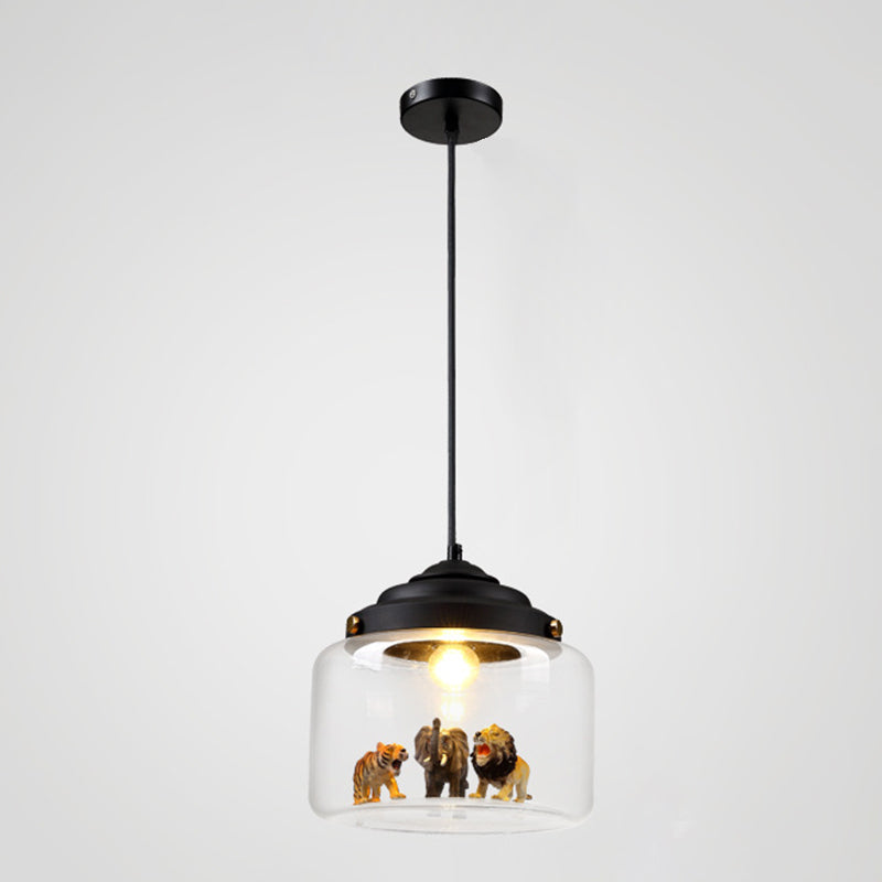 Suspension en verre transparent cylindrique en verre transparent des animaux de dessin animé moderne lampe pour la chambre à coucher pour les enfants (les animaux sont expédiés au hasard)