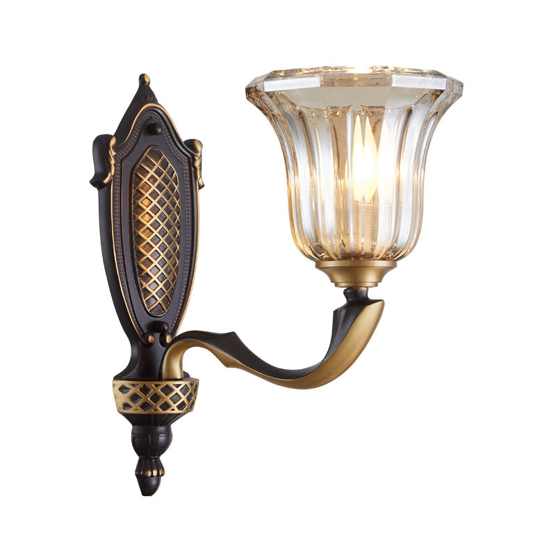 Flared Living Room Wall Mount Lamp Retro Clear Glass Shade 1/2 Bulbs Brass Sconce Lighting with Curved Arm