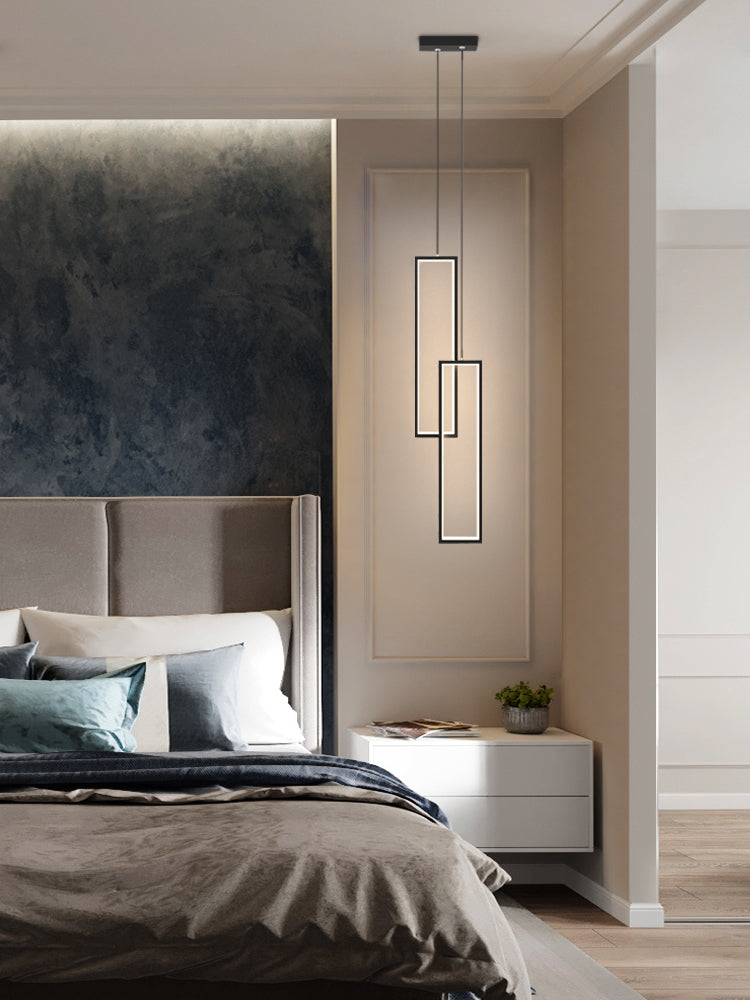 Rectangular LED Pendant Light Minimalist Metal 2-Light Bedside Hanging Light in Black