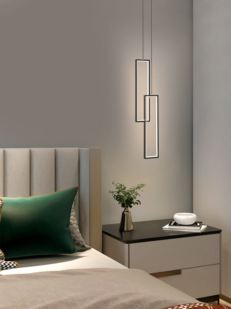 Rectangular LED Pendant Light Minimalist Metal 2-Light Bedside Hanging Light in Black