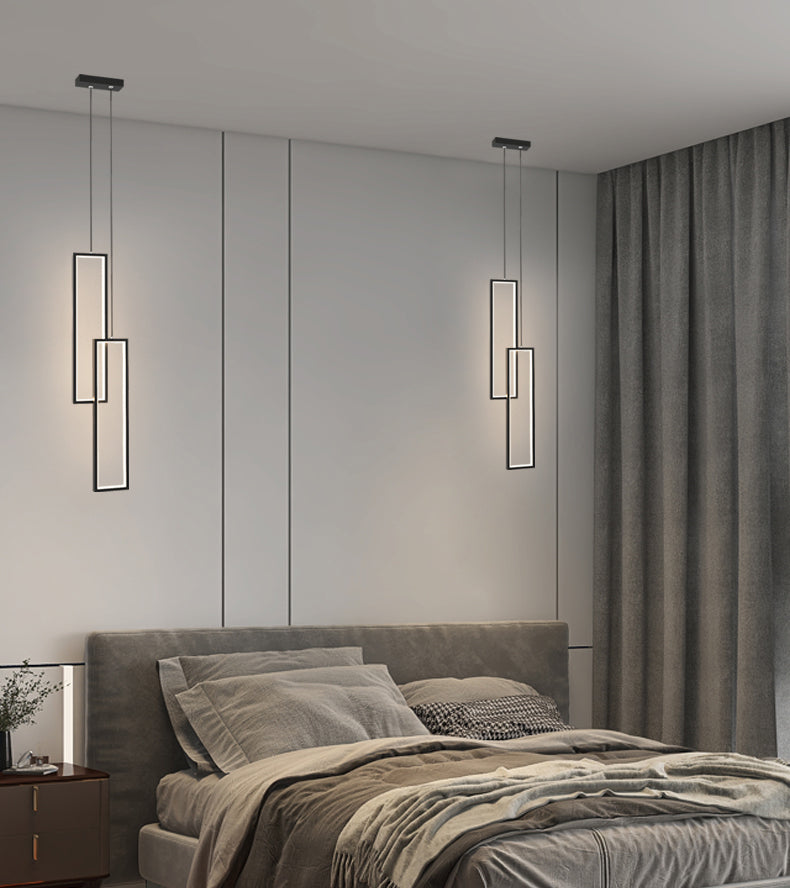 Rectangular LED Pendant Light Minimalist Metal 2-Light Bedside Hanging Light in Black