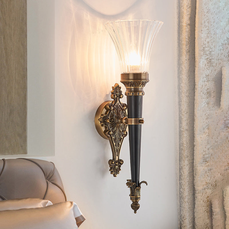 1 Light Wall Lighting Lodge Flared Prismatic Translucent Glass Wall Sconce Lamp in Brass with Pencil Arm