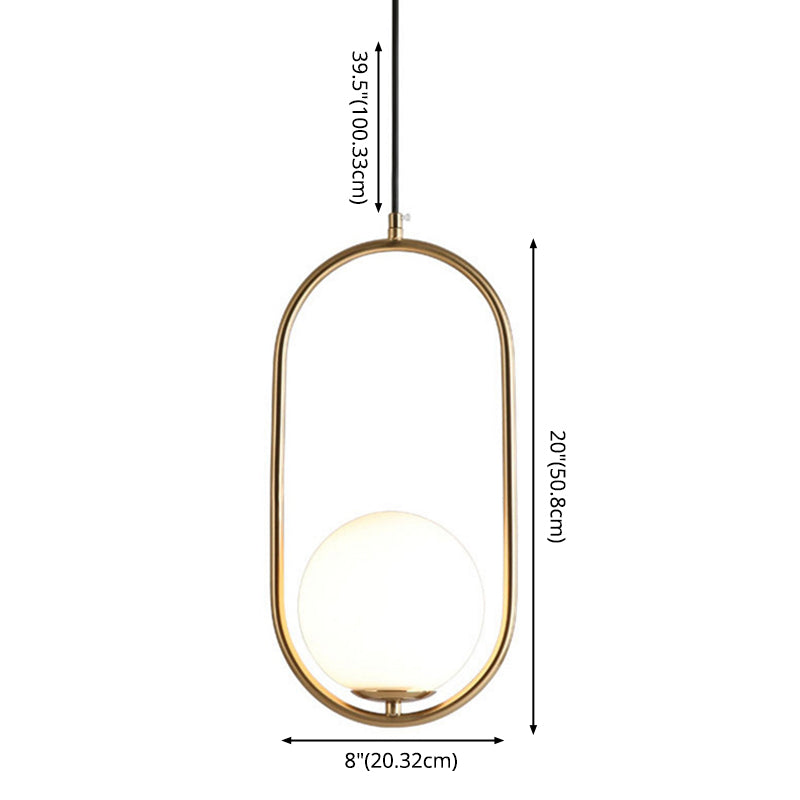 Luz de colgante de vidrio de vidrio de ópalo moderno nórdico Luz de suspensión esférica con anillo de metal elíptico para comedor