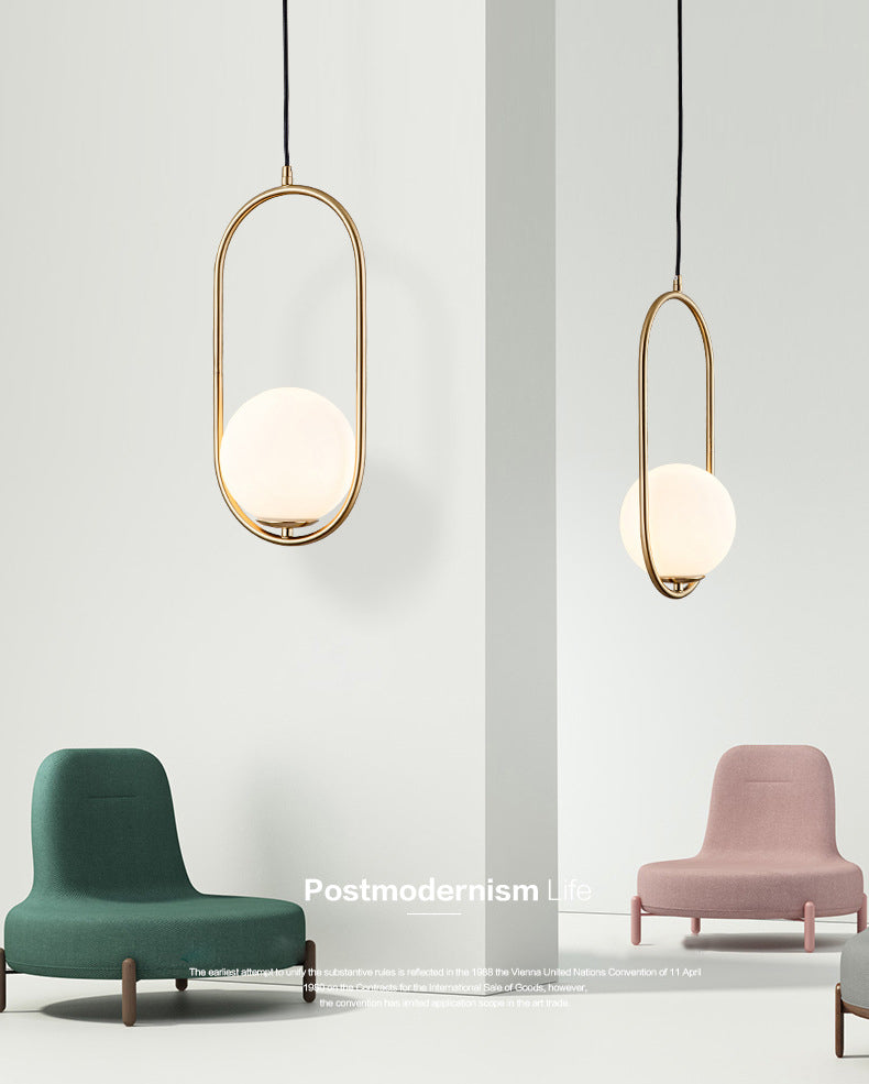 Nordic Modern Opal Frosted Glass Pendant Light Spherical Suspension Light  with Elliptical Metal  Ring for Dining Room