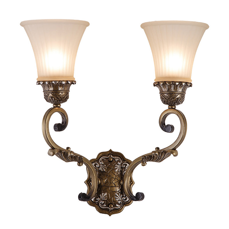 Metal Curvy Arm Wall Lighting Traditional 2 Lights Indoor Sconce Lamp in Brass with Bell White Glass Shade