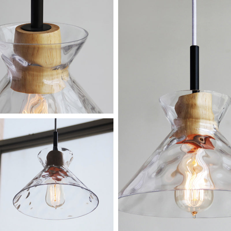 Clear Rippled Glass Shaded Pendant Nordic 1 Head Wood Suspension Light for Dining Room