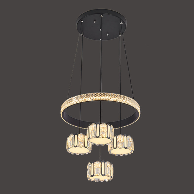 Ciondolo a cluster circolare nero moderno lampada a sospensione a LED a 5 luci a 5 luci per sala da pranzo