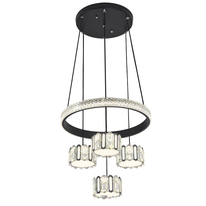 Black Circular Cluster Pendant Modern 5-Light Crystal LED Suspension Lampe for Dining Room