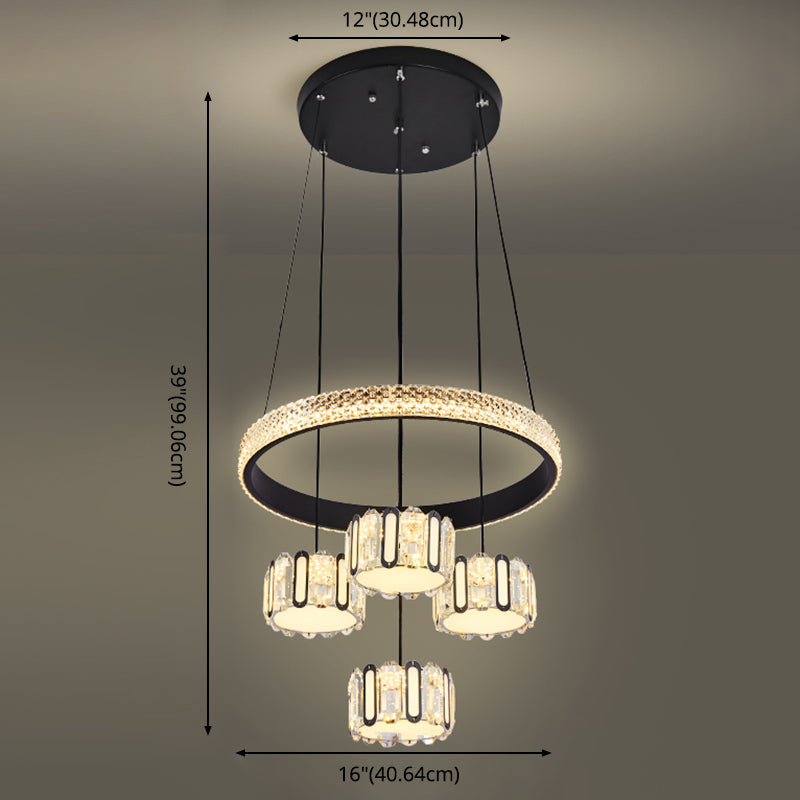 Ciondolo a cluster circolare nero moderno lampada a sospensione a LED a 5 luci a 5 luci per sala da pranzo
