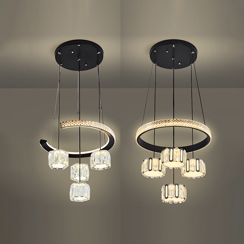 Ciondolo a cluster circolare nero moderno lampada a sospensione a LED a 5 luci a 5 luci per sala da pranzo