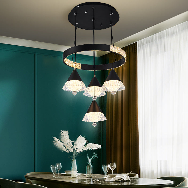 Ciondolo a cluster circolare nero moderno lampada a sospensione a LED a 5 luci a 5 luci per sala da pranzo
