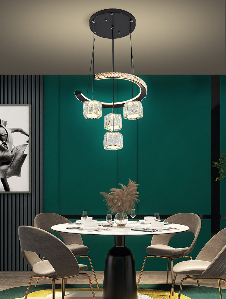 Ciondolo a cluster circolare nero moderno lampada a sospensione a LED a 5 luci a 5 luci per sala da pranzo