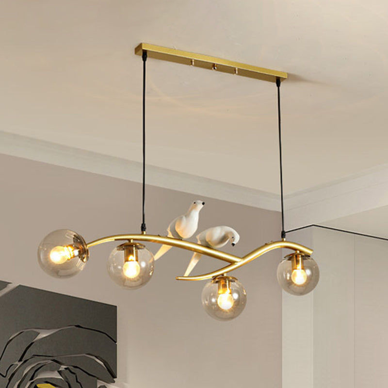 4-lights Branches Glass Orb Island Light Nordic Style Decorative Birds Design Dining Room Lighting Fixture
