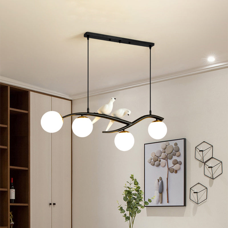 4-lights Branches Glass Orb Island Light Nordic Style Decorative Birds Design Dining Room Lighting Fixture