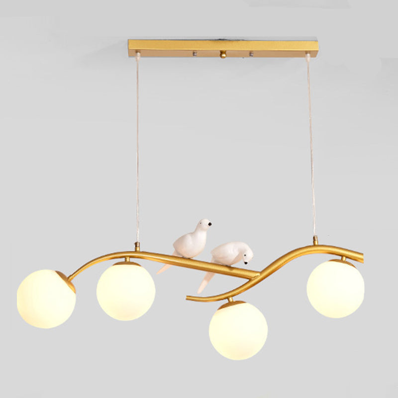 4-lights Branches Glass Orb Island Light Nordic Style Decorative Birds Design Dining Room Lighting Fixture