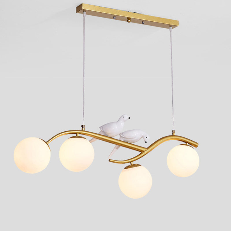 4-lights Branches Glass Orb Island Light Nordic Style Decorative Birds Design Dining Room Lighting Fixture
