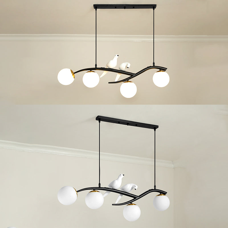 4-lights Branches Glass Orb Island Light Nordic Style Decorative Birds Design Dining Room Lighting Fixture