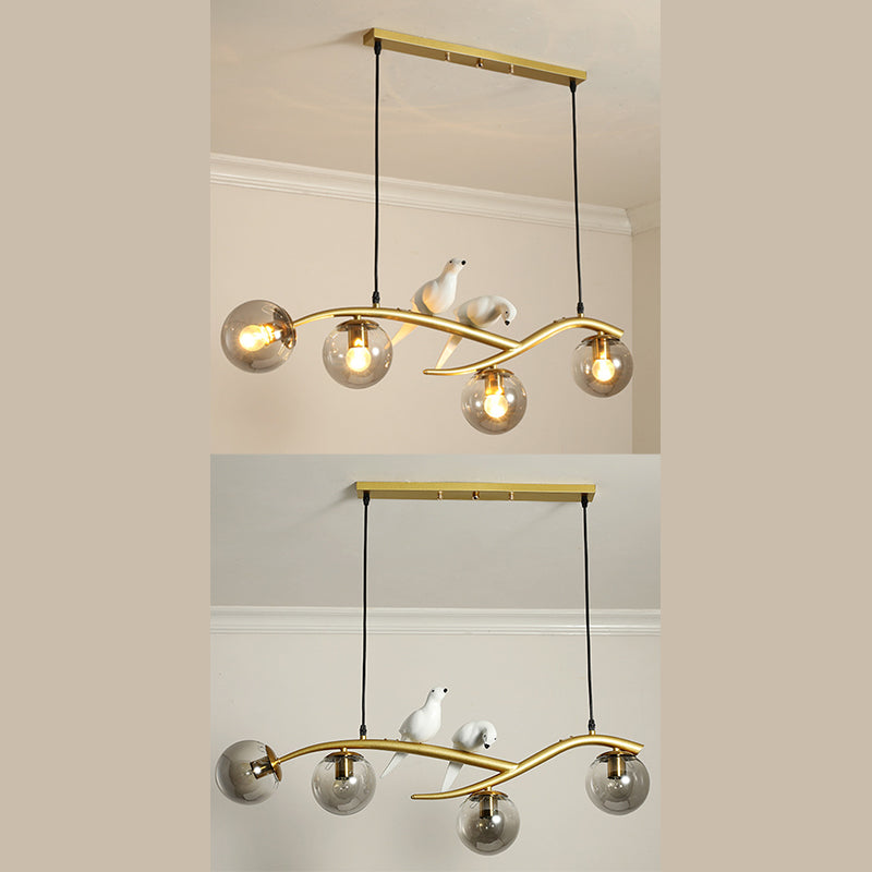 4-lights Branches Glass Orb Island Light Nordic Style Decorative Birds Design Dining Room Lighting Fixture