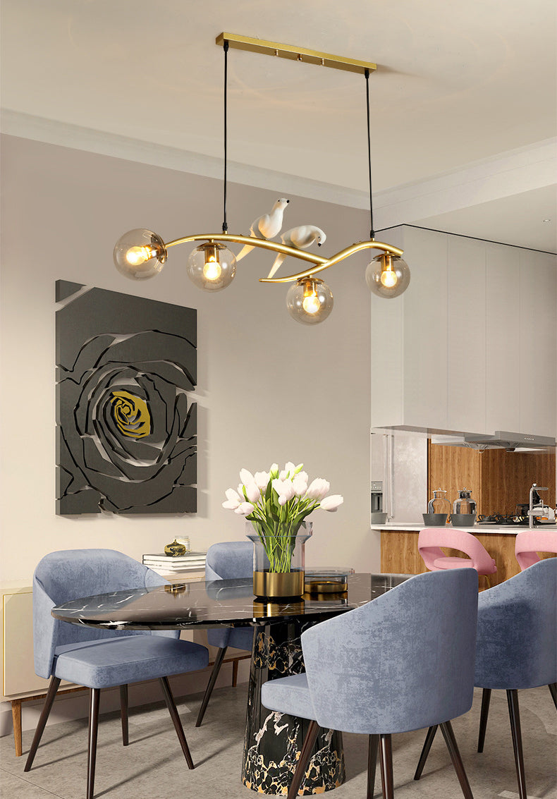 4-lights Branches Glass Orb Island Light Nordic Style Decorative Birds Design Dining Room Lighting Fixture