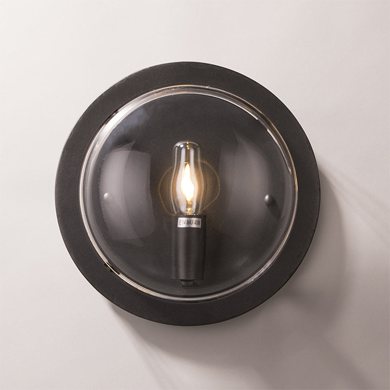 Metal Drum Flush Mount Lighting Retro 1 Light Living Room Wall Sconce Lamp in Black with Clear Glass Shade
