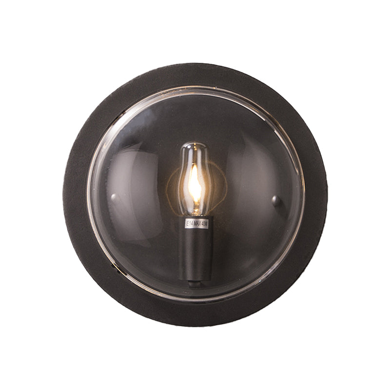 Metal Drum Flush Mount Lighting Retro 1 Light Living Room Wall Sconce Lamp in Black with Clear Glass Shade