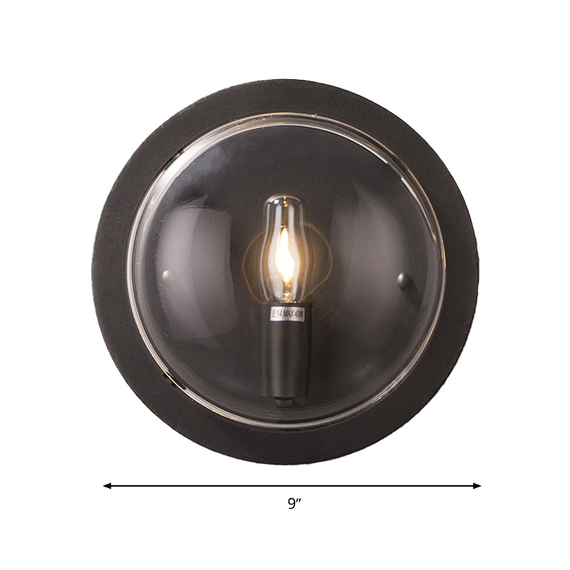 Metal Drum Flush Mount Lighting Retro 1 Light Living Room Wall Sconce Lamp in Black with Clear Glass Shade