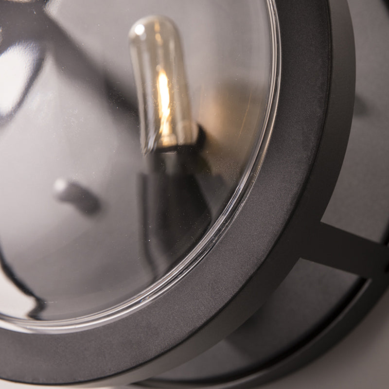 Metal Drum Flush Mount Lighting Retro 1 Light Living Room Wall Sconce Lamp in Black with Clear Glass Shade