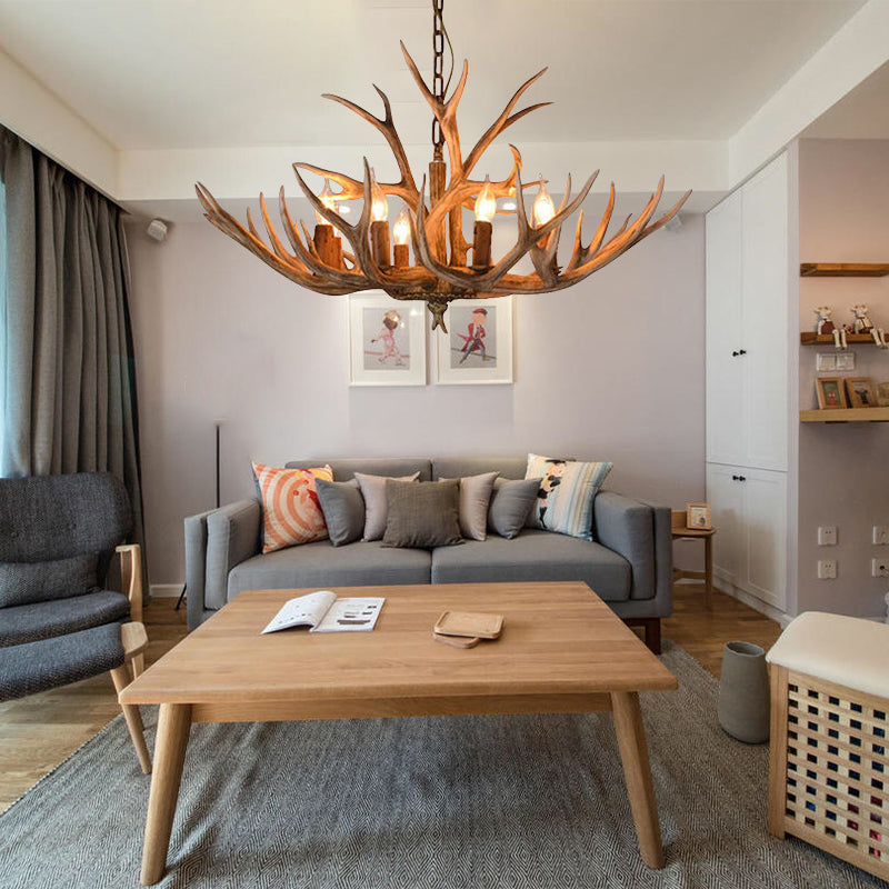 Brown 8 Heads Chandelier Pendant Lamp Countryside Resin Candle Hanging Ceiling Light with Antler Design