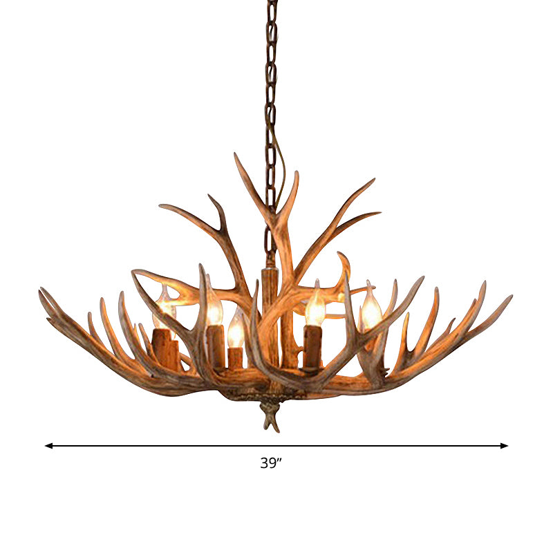 Brown 8 Heads Chandelier Pendant Lamp Countryside Resin Candle Hanging Ceiling Light with Antler Design