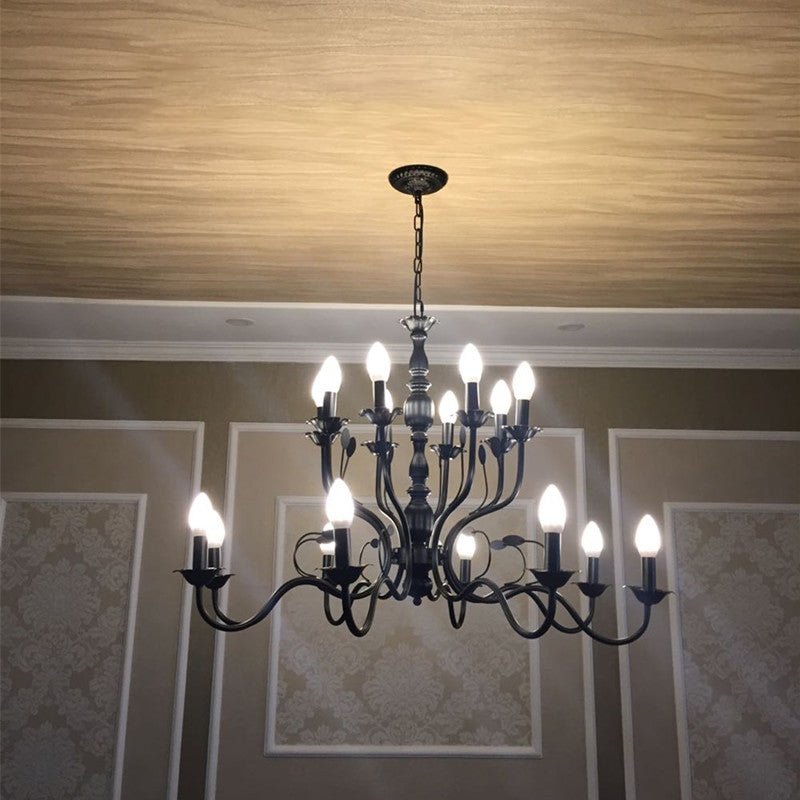 2-Layers Traditional Style Candlestick Styling Chandelier Black Wrought Iron Vintage Lighting Fixture for Living Room
