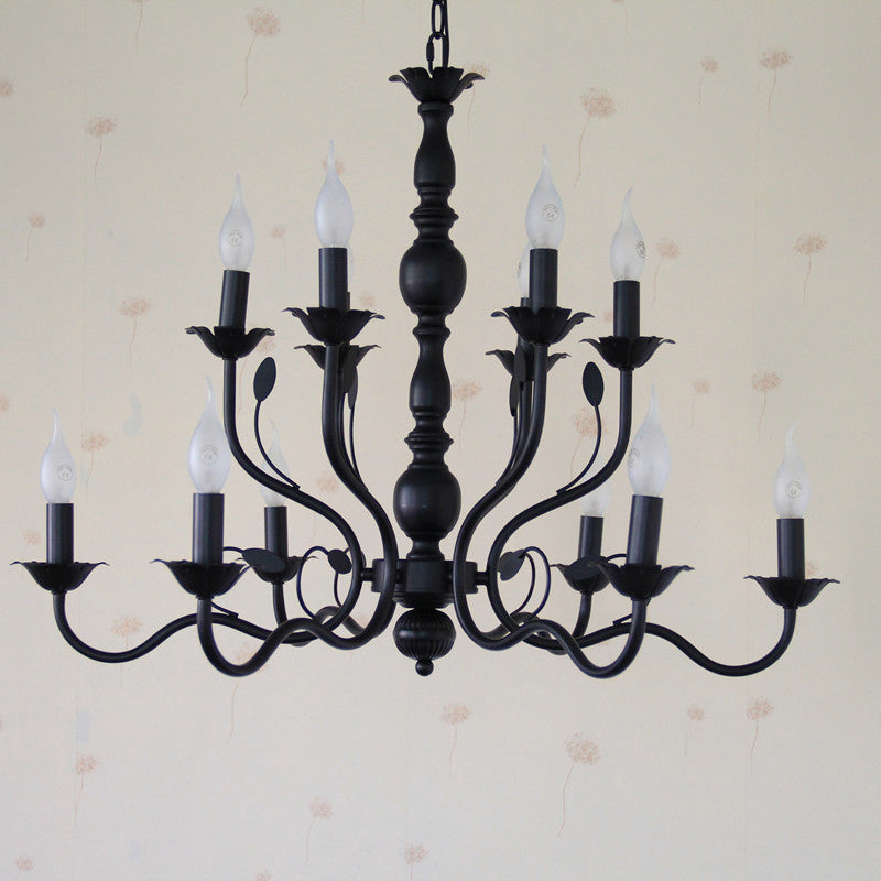 2-Layers Traditional Style Candlestick Styling Chandelier Black Wrought Iron Vintage Lighting Fixture for Living Room