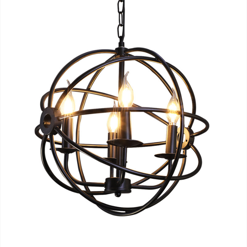 Retro Industrial Style Metal Chandelier Round Iron Frame Candlestick Hanging Light in Black