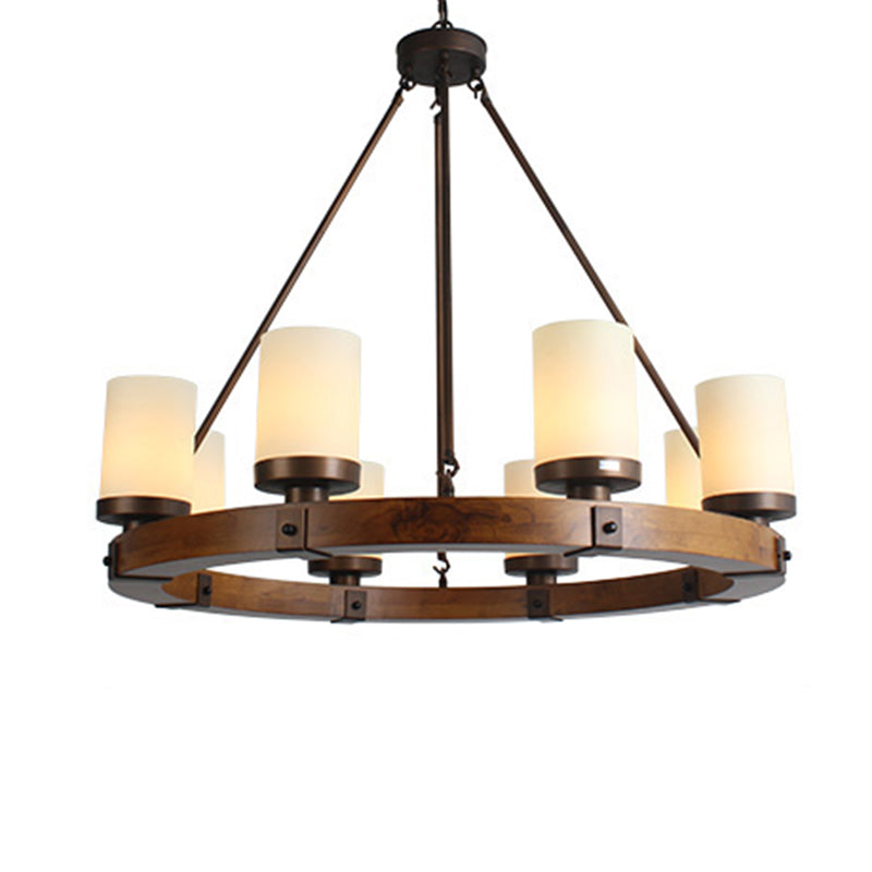 Round Solid Wood Rustic Style Chandelier Cylindrical White Glass Shade Dining Room Lighting Fixture